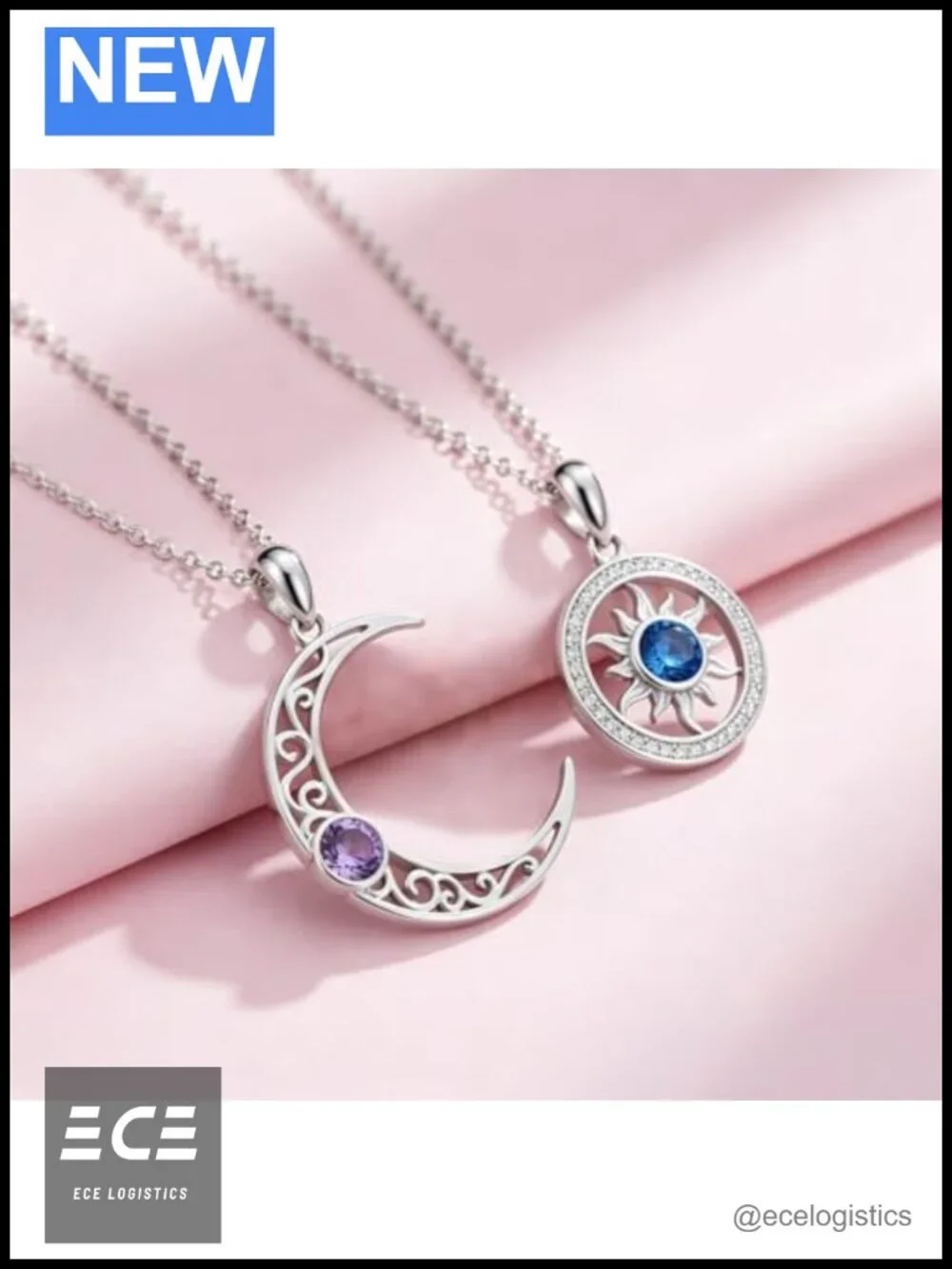 Sun and Moon Couples Necklace Matching Birthstone Pendant